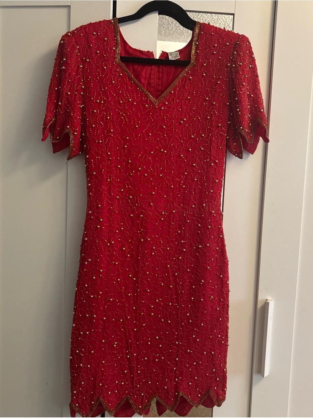 Vintage Red Sequin V-Neck Short Size M Sleeve Dress